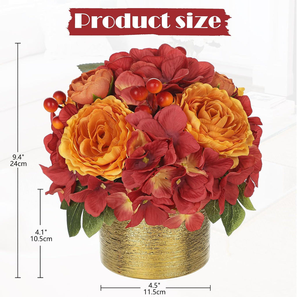 Fall Rose Hydrangeas Artificial Flowers with Golden Pot Decor