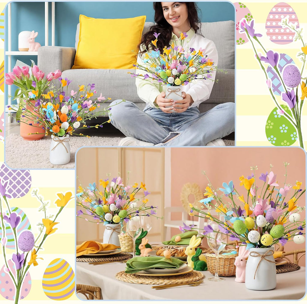 Easter Picks and Vase Berry Picks Branches Spring Artificial Flower Arrangement with Colorful Eggs Berries - Set of 2