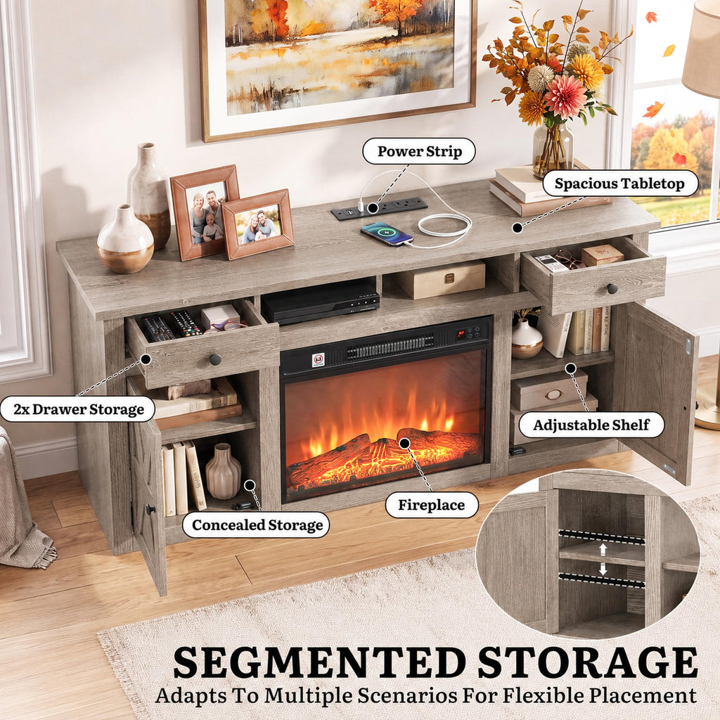 59" TV Stand with Electric Fireplace, Power Strips, Grey Oak