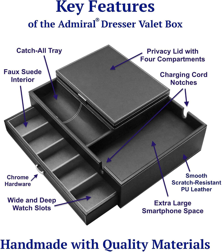 Admiral Dresser Valet Box & Mens Jewelry Box Organizer with Large Smartphone Charging Station (Grey)