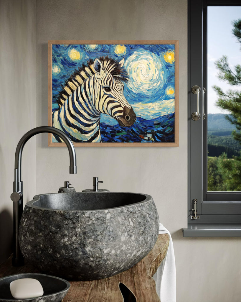Zebra Wood Framed Art Print Poster, Animal Van Gogh Starry Night Nature Theme Wall art Painting Decor, Art Home