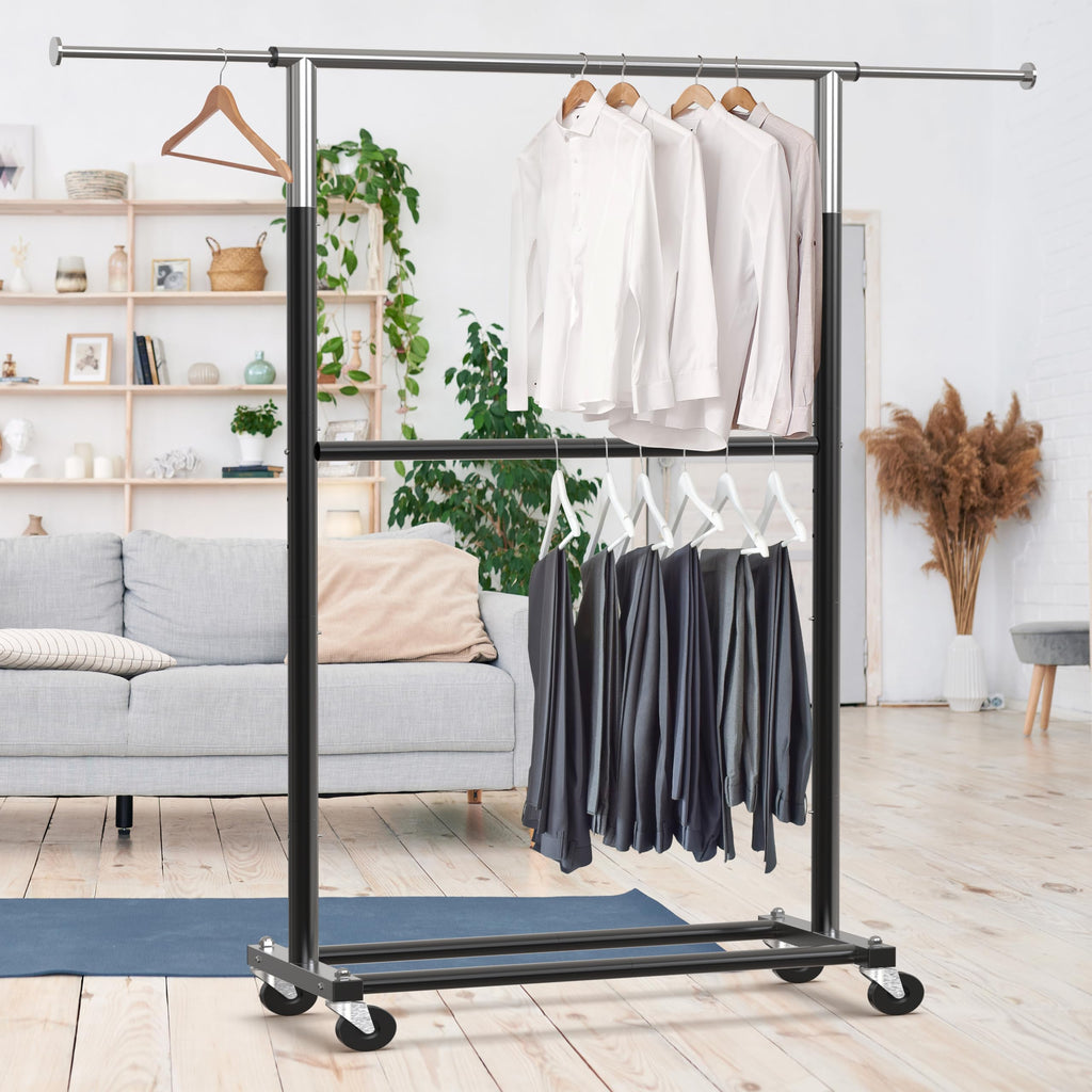 Double Rod Adjustable Clothing Garment Rack, Black