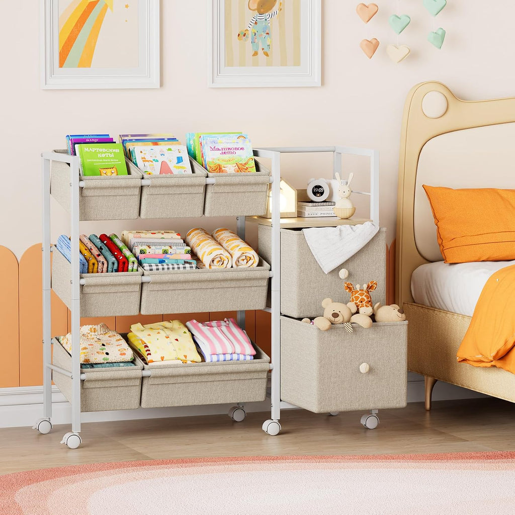 Kids Toy Organizers and Storage Bins, Off White | 7 Storage Bins + 2 Fabric Drawers + 1 Bookshelf, Playroom Storage