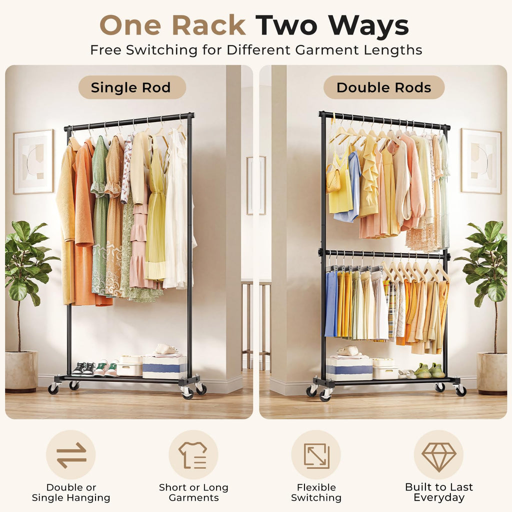 Double Rod Clothes Rack, 35" Wide Hanging Rack for Clothes, Portable Clothing Racks for Hanging Clothes, Rolling
