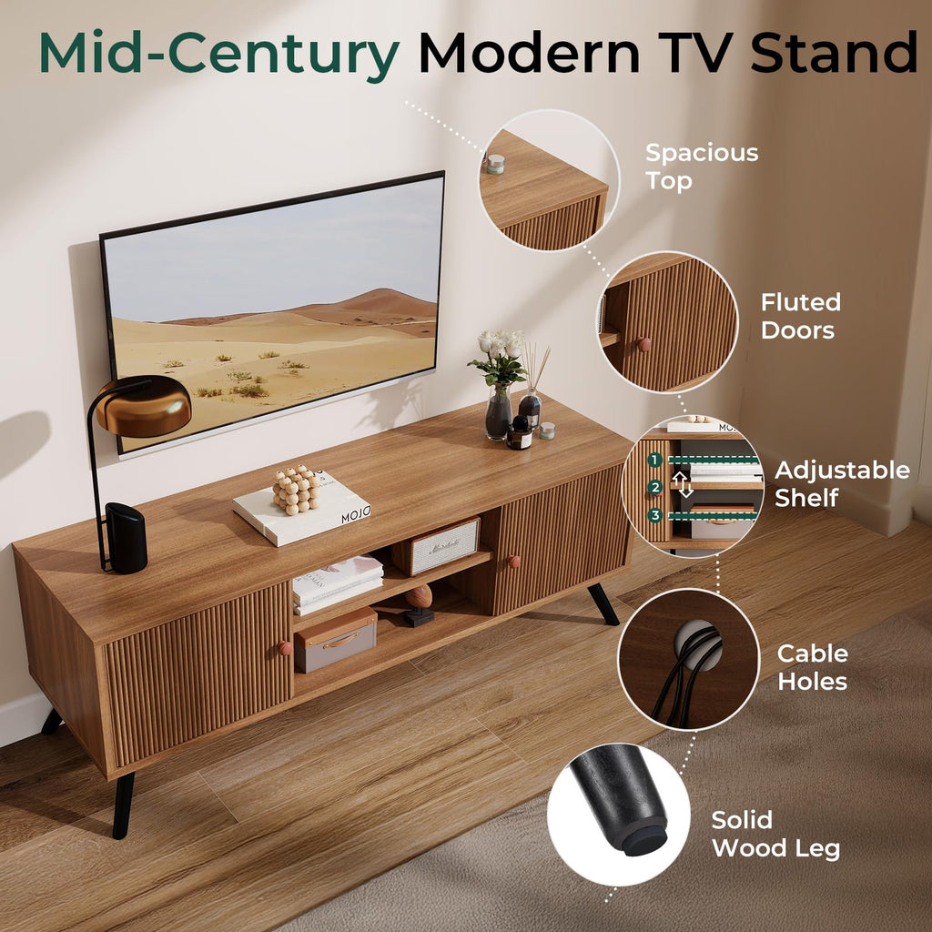 TV Stand, Mid Century Modern Entertainment Center for 55/60/65 Inch TVs, Retro Brown TV Console with Fluted Door