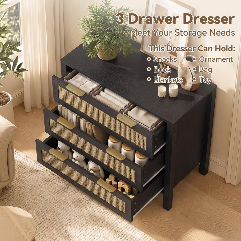 3 Drawer Dressers, Rattan Dresser with Drawers, Modern Wood Dresser with Metal Handles, Chest of Drawers (Black-3