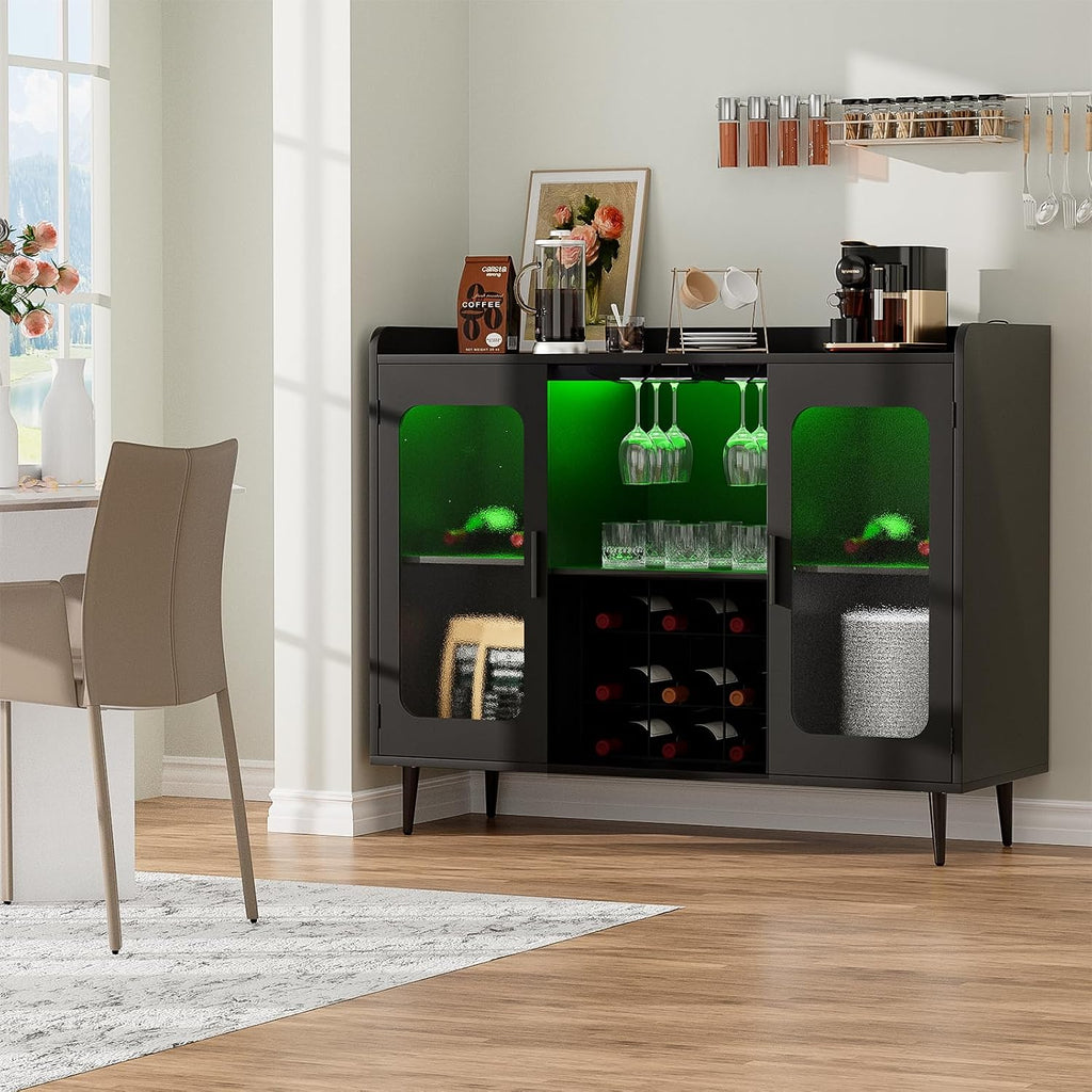 Coffee Bar Cabinet with Power Outlets and LED Light, Black | Liquor Cabinet with Wine Rack & Glass Holder, Bar Cart