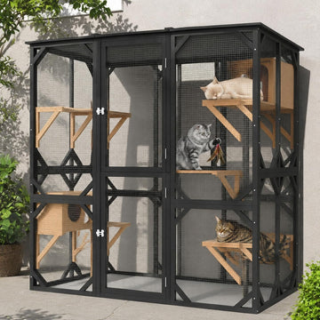 Walk-in Wooden Catio for Multiple Cats, Outdoor Enclosure, Black