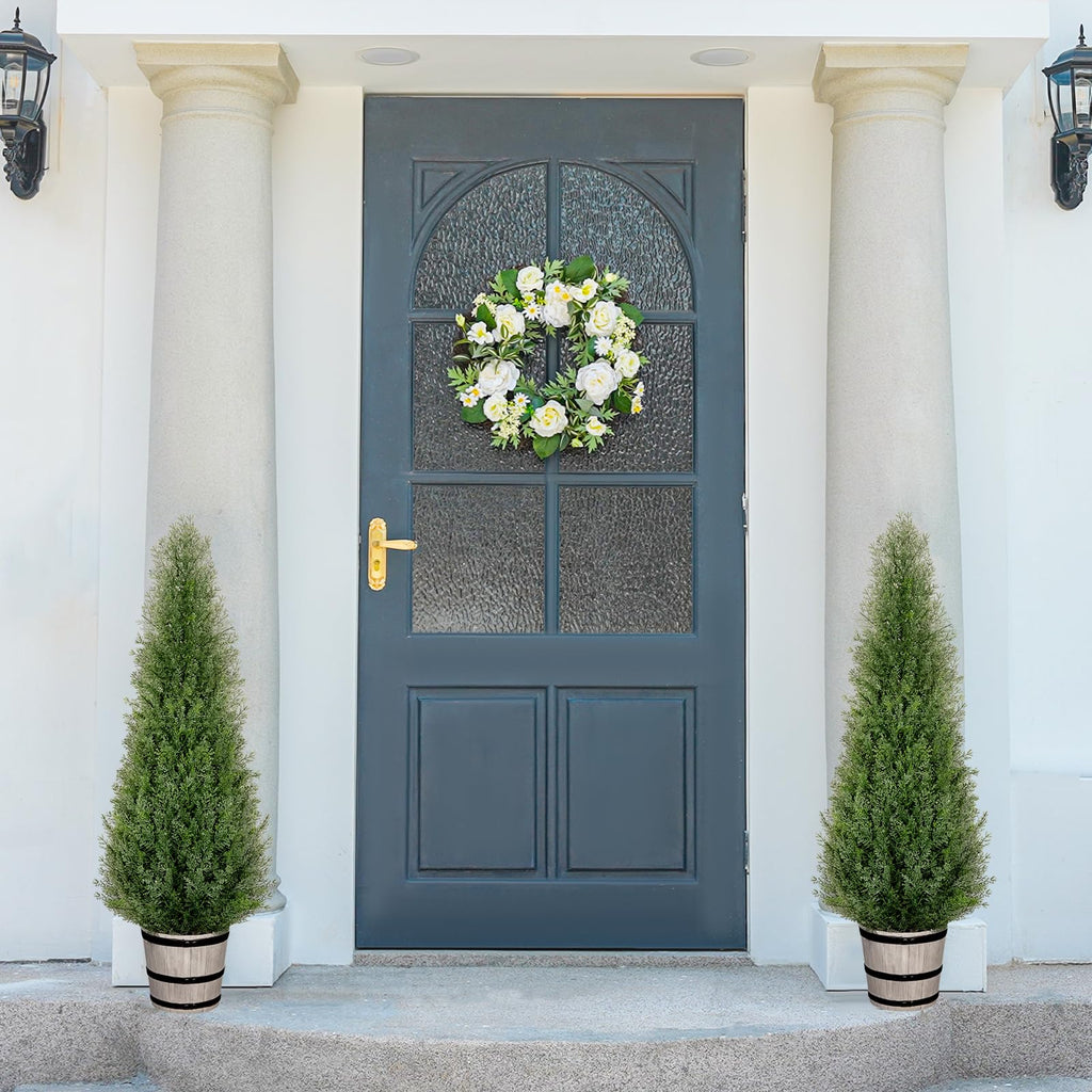 4FT Artificial Cedar Topiary Trees with Rustic Barrel Planter, Outdoor Indoor Realistic Faux Pine Shrubs Plants, Fake