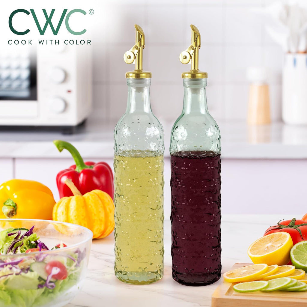 Glass Olive Oil Bottle Dispenser - 2 Pack- 17oz Oil and Vinegar Cruet - Olive Oil Carafe Decanter, Floral, Green - Set of 2