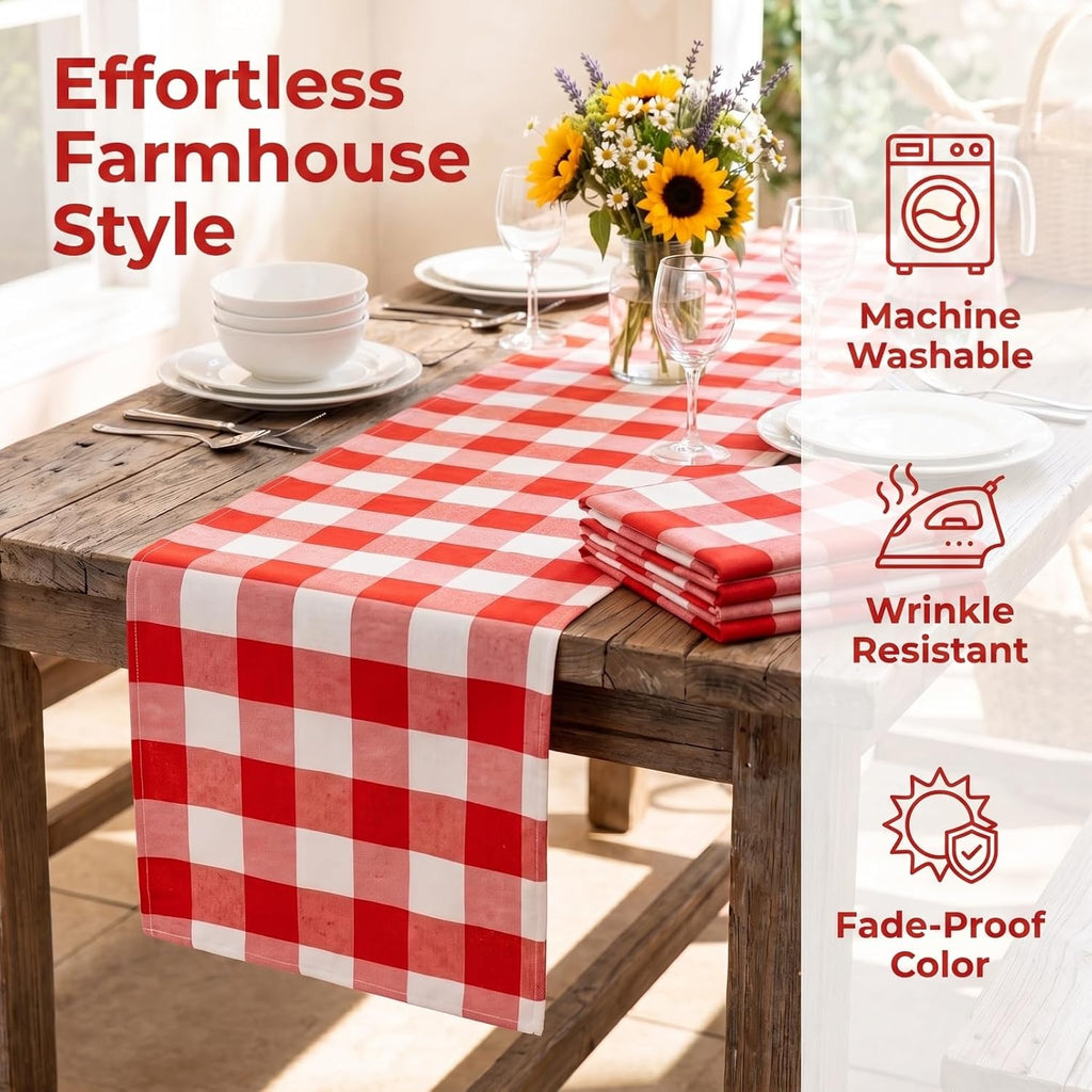 Red and White Checkered Table Runner 108 Inches Long, 4 Packs | Soft Cotton Linen, 14x108 Inch, Folded Hem, for