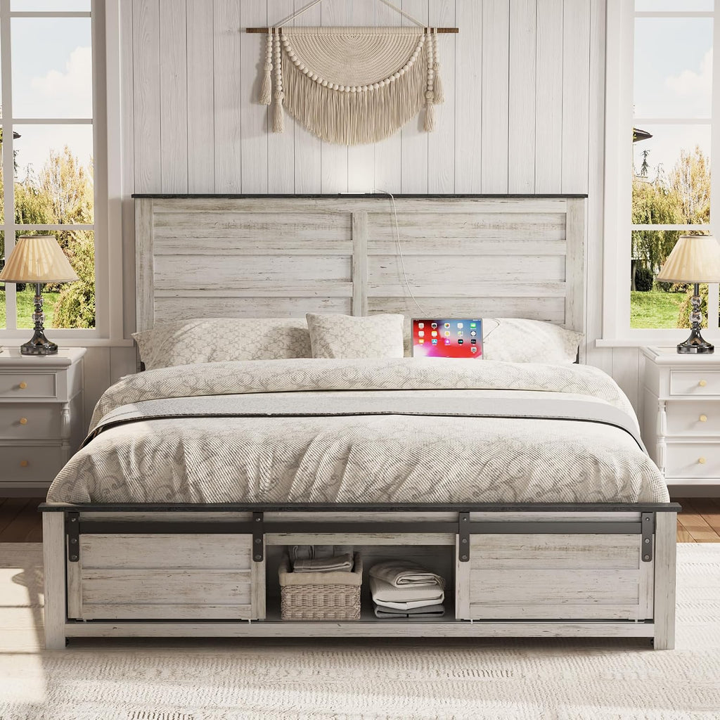Wooden Bed Frame Queen with Headboard & Sliding Barn Door Storage Footboard, Farmhouse Platform Bedframe with