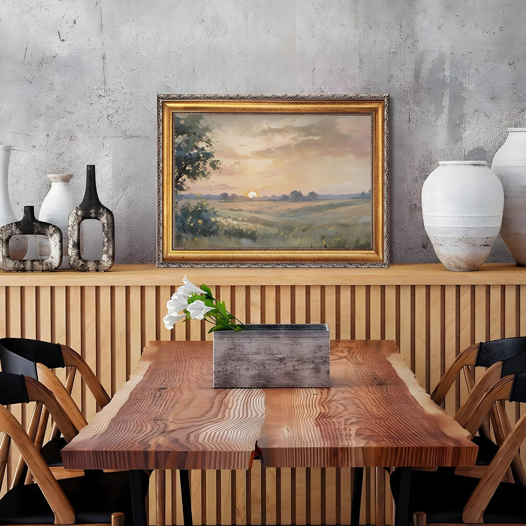 Vintage Sunset Landscape Framed Wall Art Autumn Fields Oil Painting Poster Rustic Horizontal Nature Countryside Scene