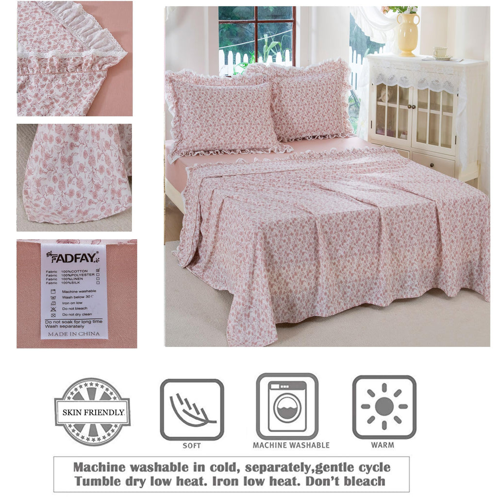 Blush Floral 100% Washed Cotton Sheets Set, 4 Piece Vintage Ruffle Bed Sheets with Lace Trim, Shabby Pink French