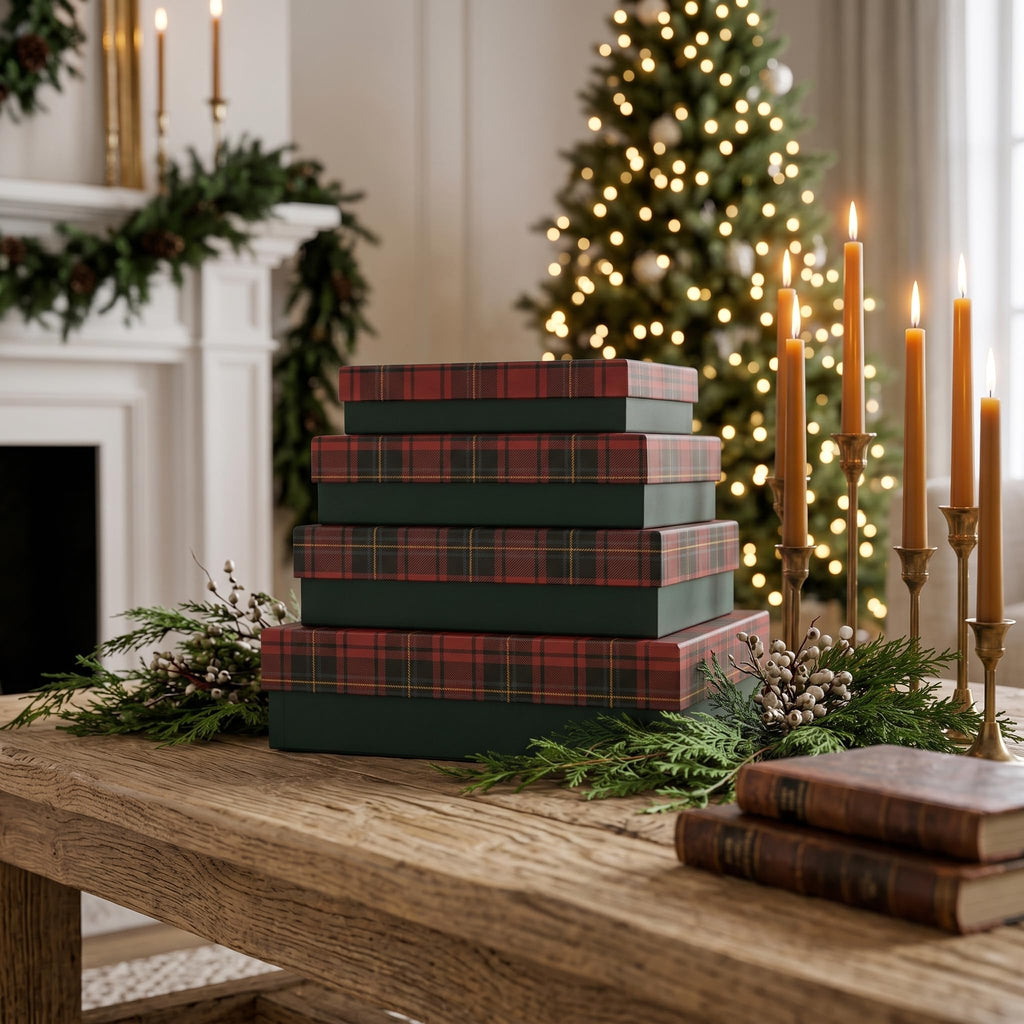 Plaid Christmas Gift Boxes with Lids, Set of 4, Holiday Boxes