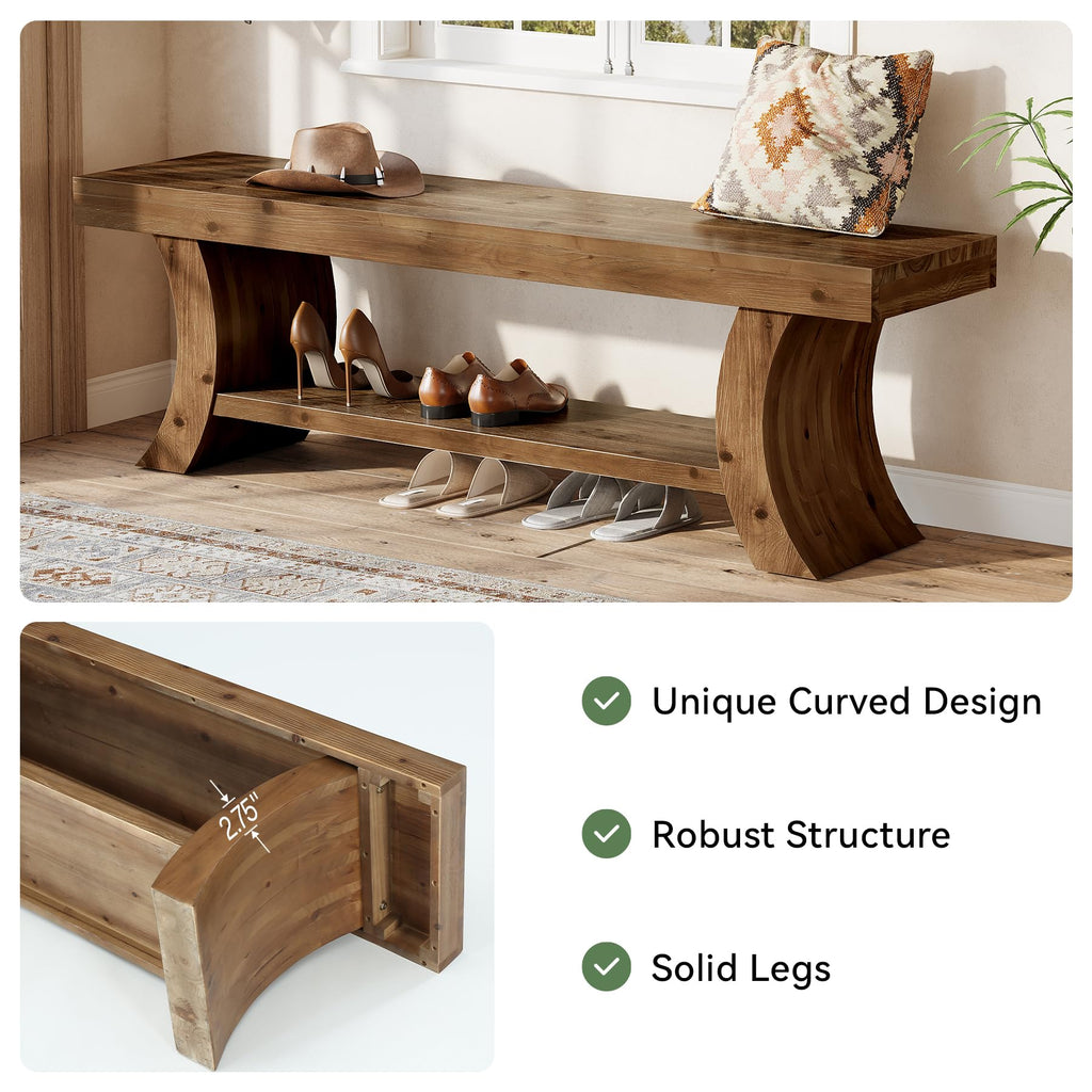 55" Solid Wood Entryway Bench, Rustic Farmhouse Shoe Storage Bench with Thick Curved Legs, Indoor End of Bed Bench