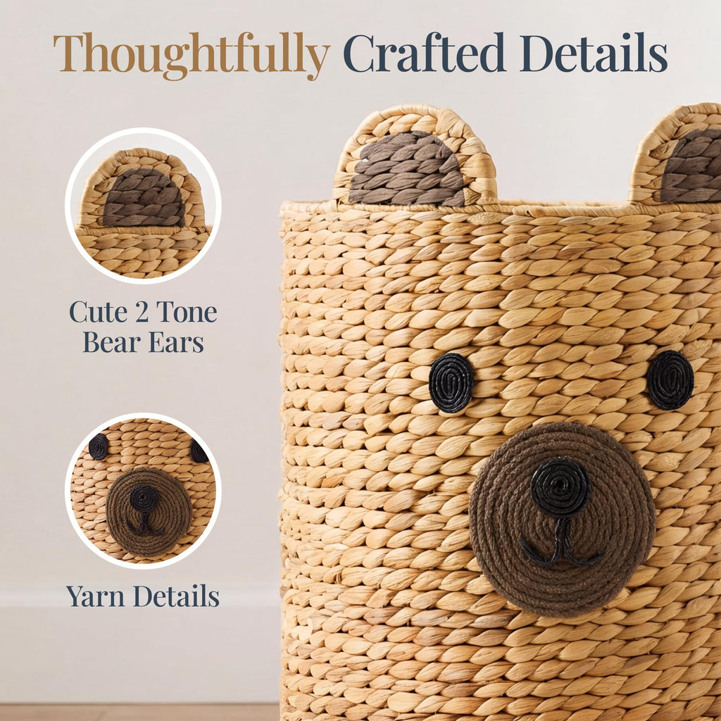 Kids Large Bear Laundry Hamper, Handwoven Water Hyacinth Laundry Basket, Nursery & Kids' Room Storage Basket For