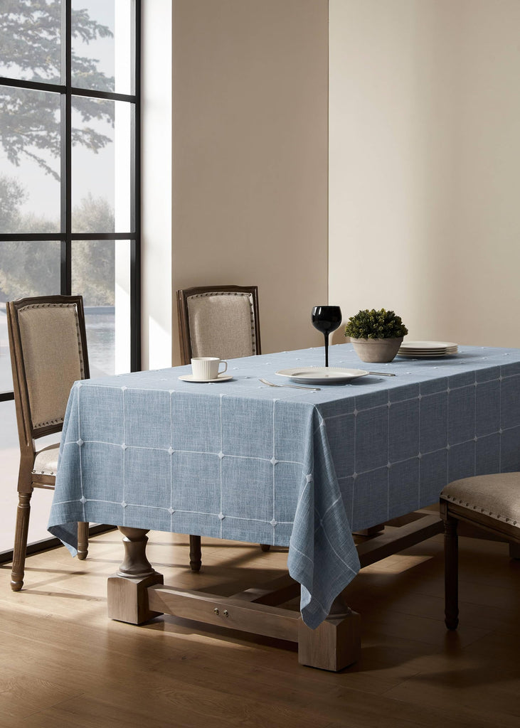Grid Embroidered Rectangle Hemmed Tablecloths 60x104in, Blue