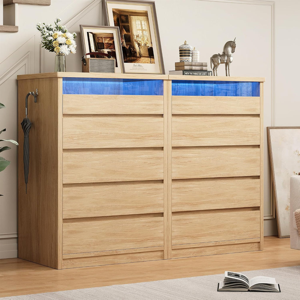 5 Drawer Dresser with LED Light, Modern Chest of Drawers with Hidden Handles, Tall Wooden Dresser Closet - Oak