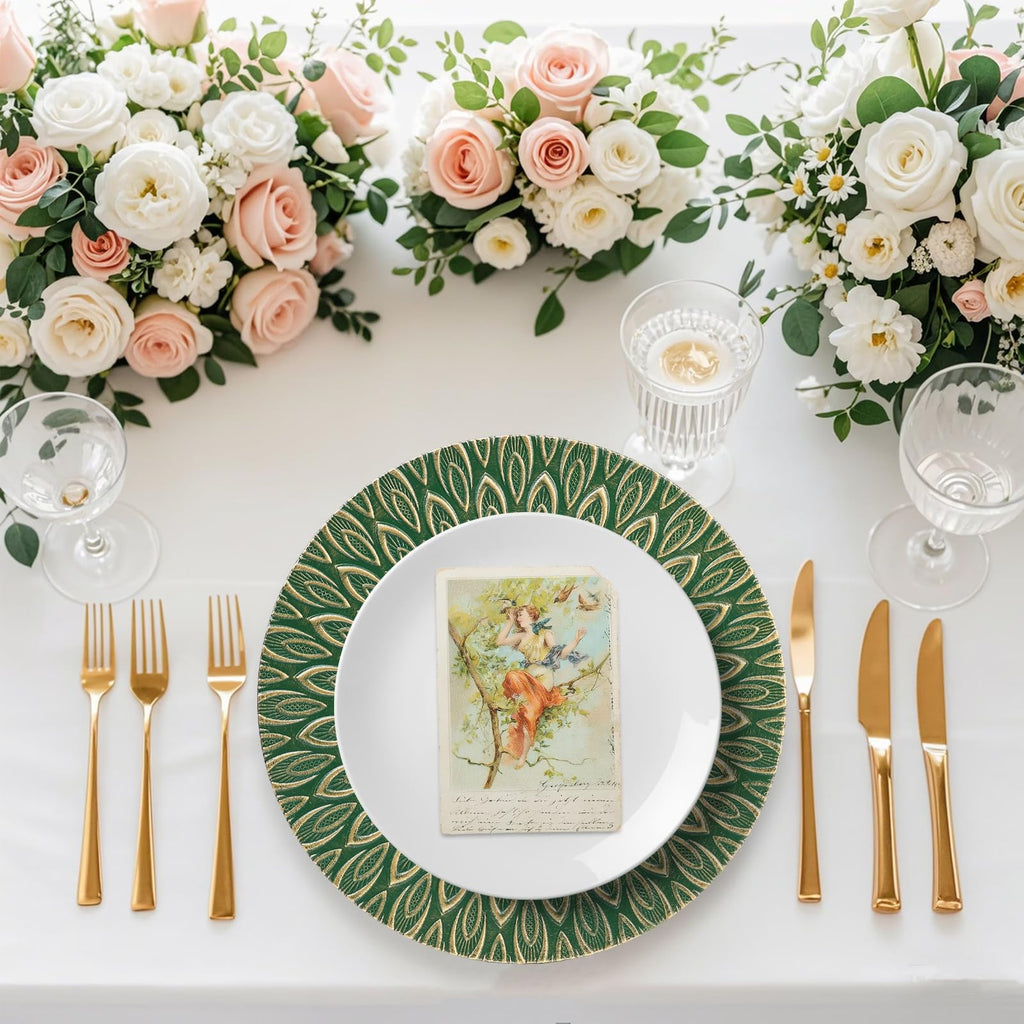 Green Charger Plates, 13 Inch Set of 6 Plastic Peacock Chargers for Dinner Plates, Table Settings, Easter