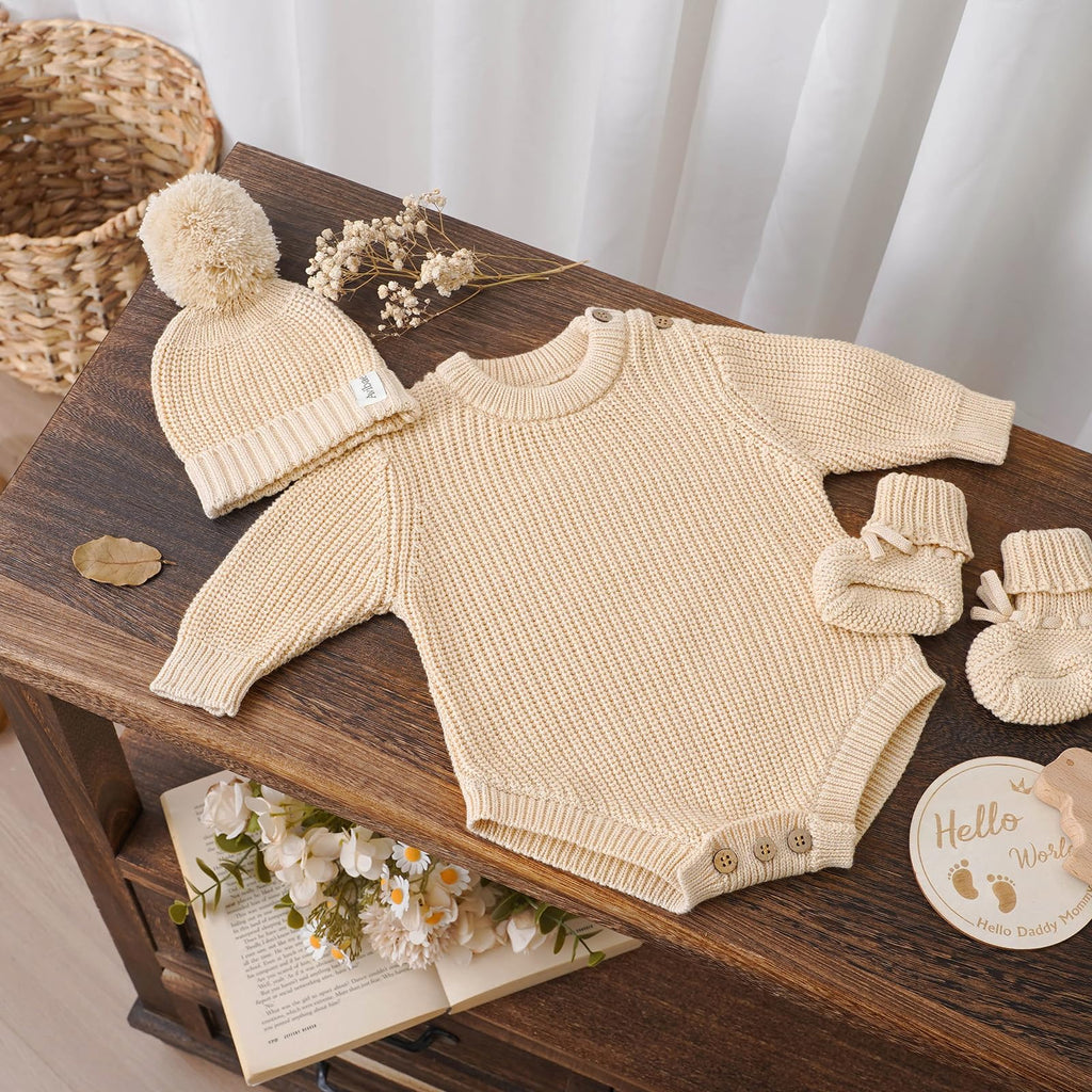 Cotton Newborn Set, Knit Sweater, Hat, Booties, Baby Boys and Girls