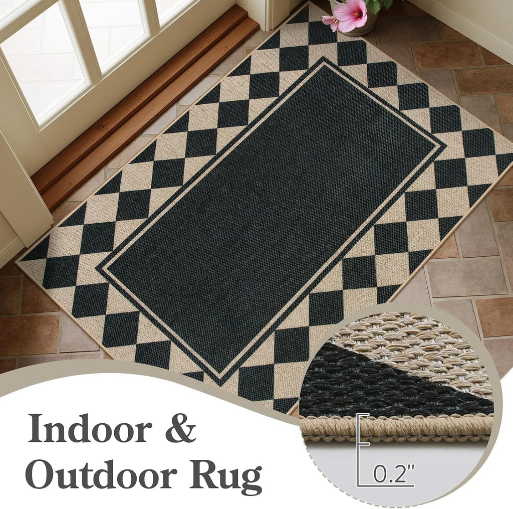 Easy Jute Indoor Outdoor Rug, Black Checkerboard Area Rug