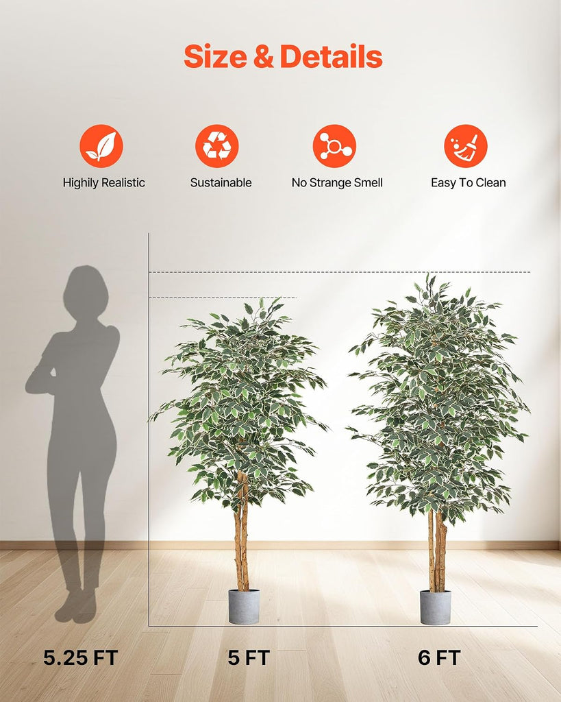 5FT Artificial Ficus Tree with Black Pot, Tall Faux Ficus Plant with Natural Wood Trunk and Realistic Green Leaves