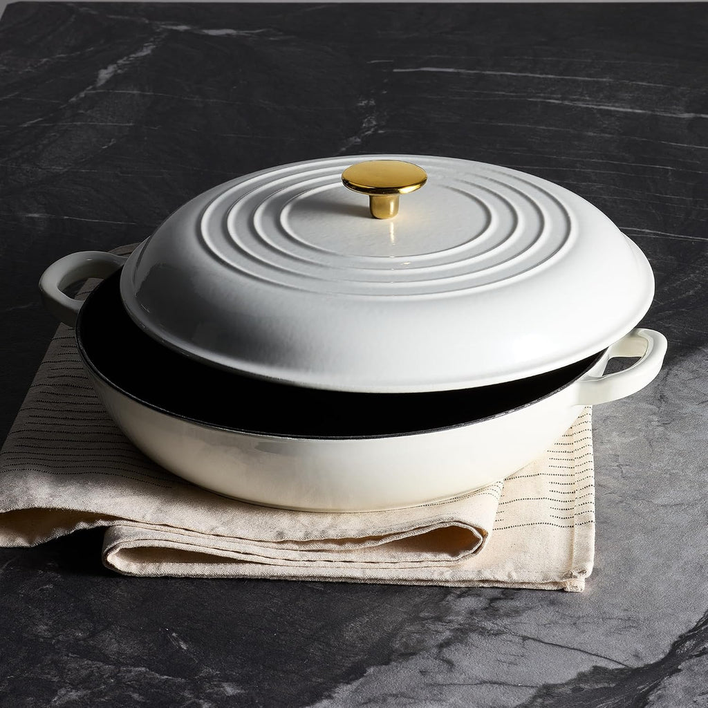 3.4QT Enamel Cast Iron Cookware, Skillet with Lid, White Dutch Oven | Shallow Round Braiser Pan Oven Safe, Non-Toxic