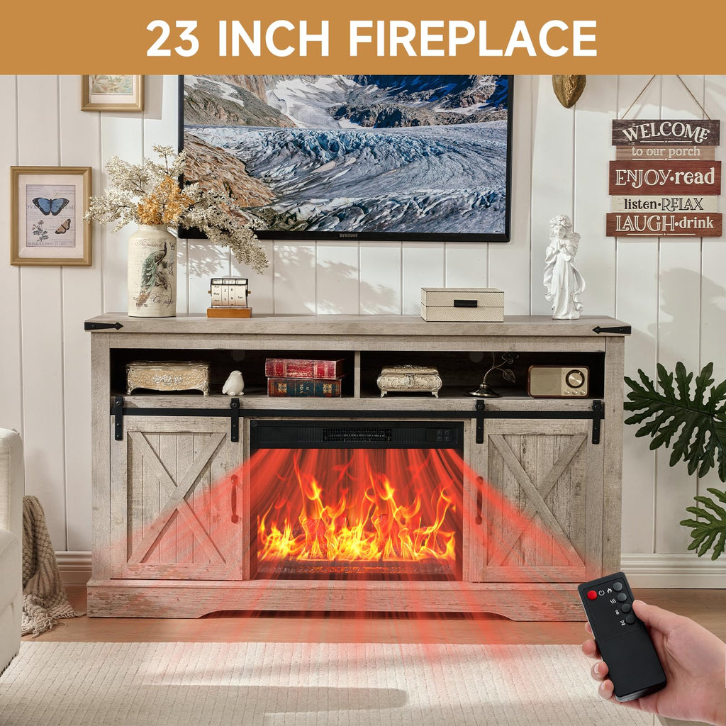 58" Fireplace TV Stand for TV up to 65 Inch with Farmhouse Sliding Barn Doors, Highboy Entertainment Center with