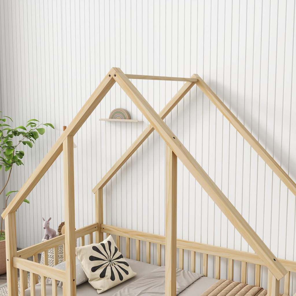 House-Shaped Floor Bed with Safety Guardrails, Natural
