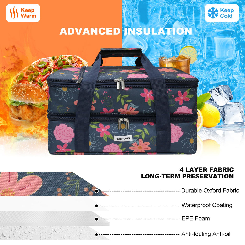 Double Decker Insulated Casserole Carrier, Expandable Thermal Food Warmer Bag Fits 9x13 Dish, Leak-Proof Potluck