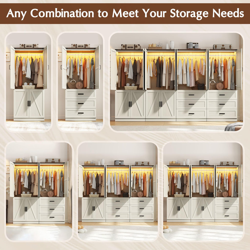 74" Tall Farmhouse Armoire Wardrobe Closet with Sensor LED Light(White ABB)