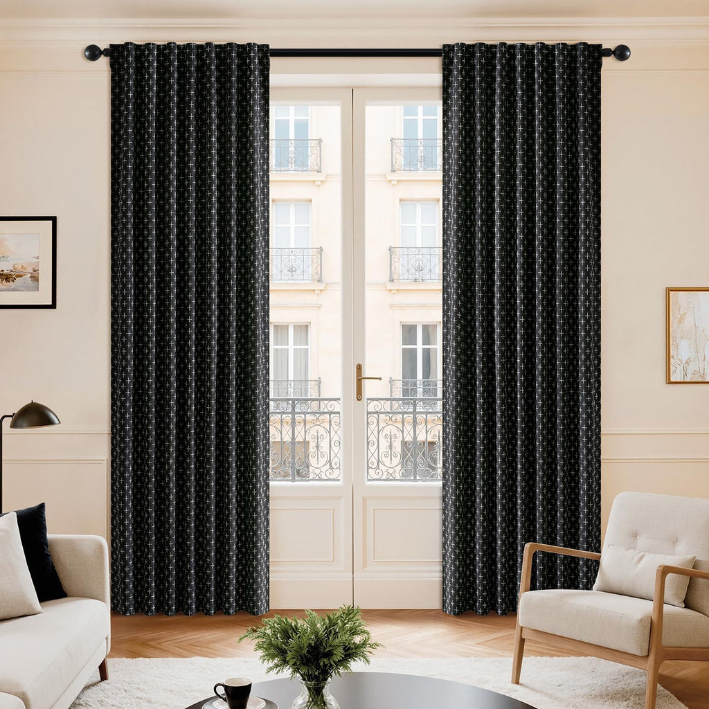 100% Blackout Decorative Linen Curtains with Geometric Pattern, Thick Woven Farmhouse Rustic Patterned Drapes with Back Tab for Bedroom and Living Room, Black, 52 x 84 Inches, 2 Panels