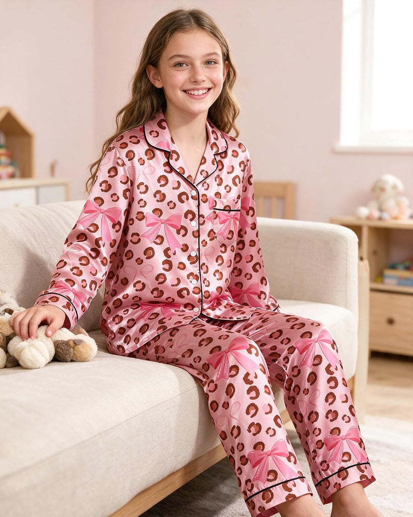 Pajamas Cute Girls Silk Pj Set Long Sleeve and Pants Button Down Sleepwear Lounge Sets for Kids