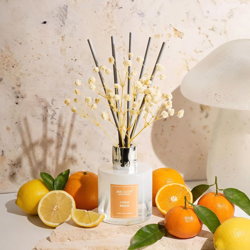Reed Diffuser Set,3.38 fl oz (100 ml) - Citrus Breeze Oil Diffusers with 8 Reed Sticks, Home Fragrance Reed Diffuser