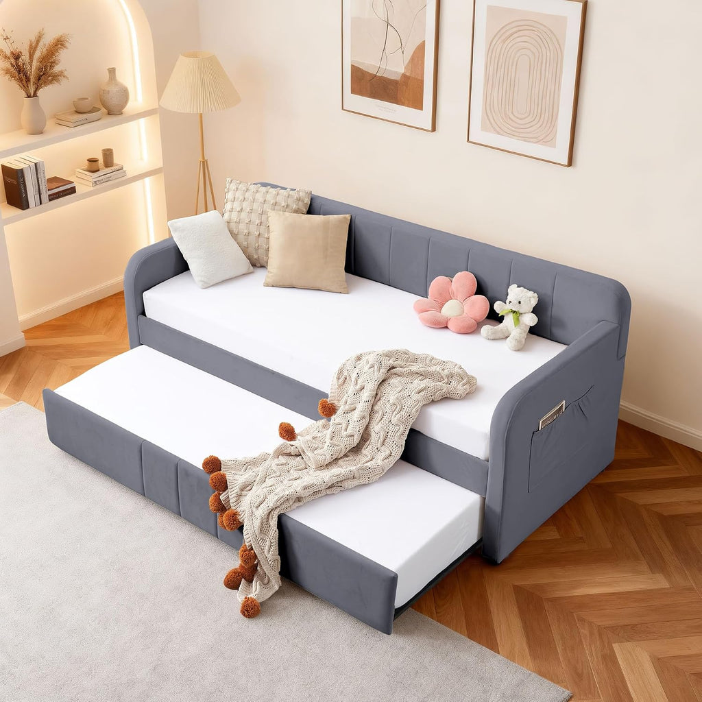 Twin Size Velvet Daybed Frame with Pop-up Trundle Bed Guest/Living Room, Space-Saving Upholstered Sofabed with USB
