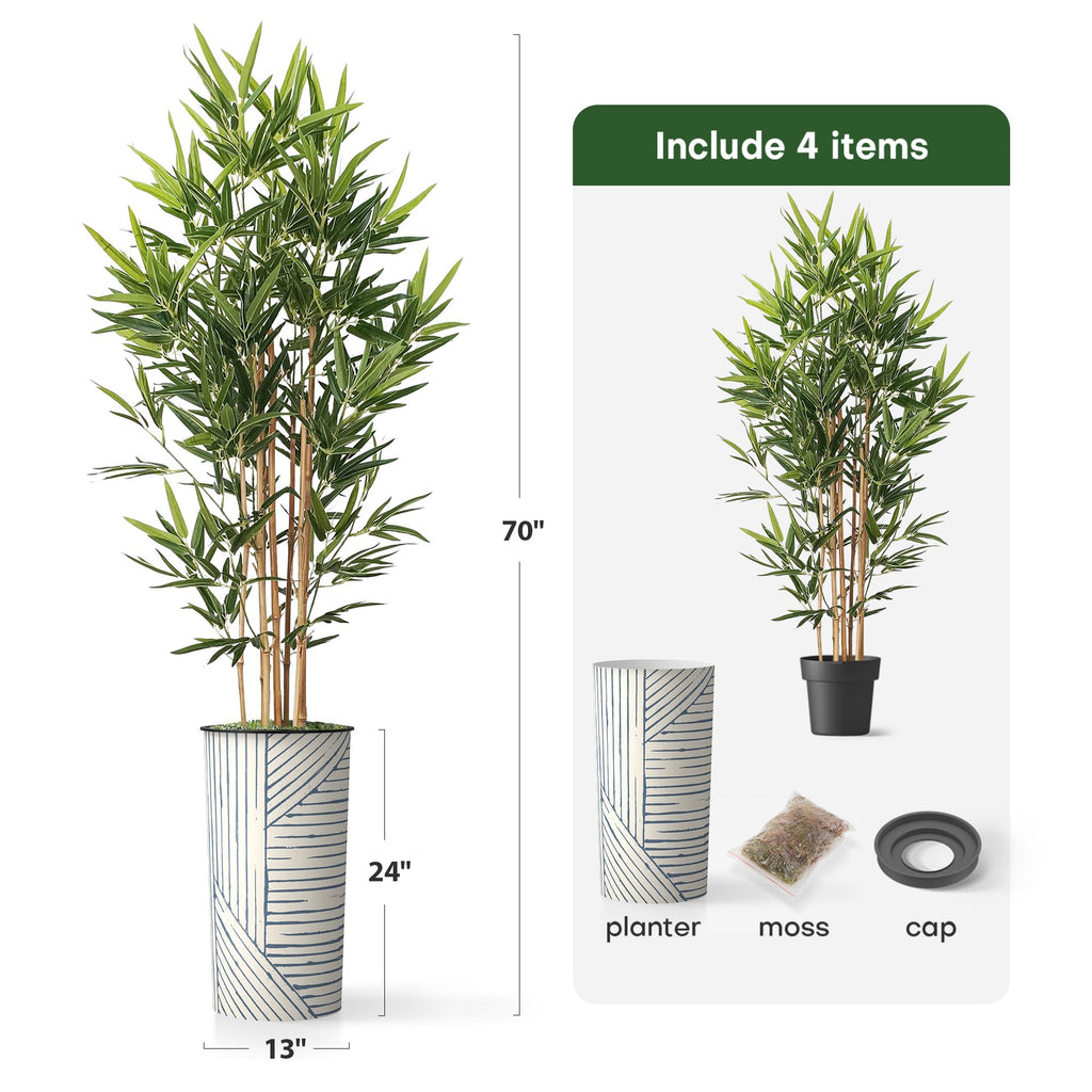 Tree in Geometric Pattern Planter, Fake Bamboo Silk Tree for Indoor and Outdoor Home Decoration - 70" Overall Tall