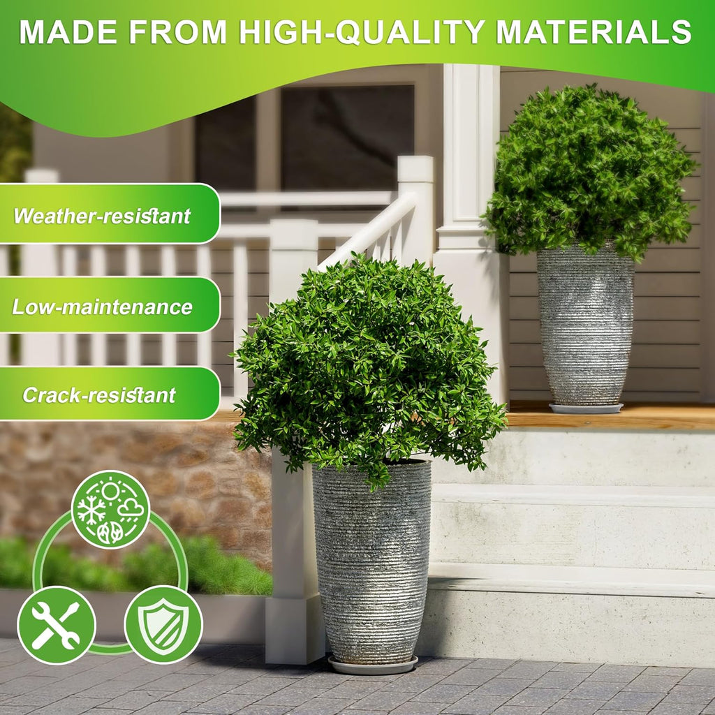Set of 2 Oversized 9 Gallon Round Planters for Front Door & Patio - 12x21 Inch Tall Outdoor/Indoor Plant Pots with