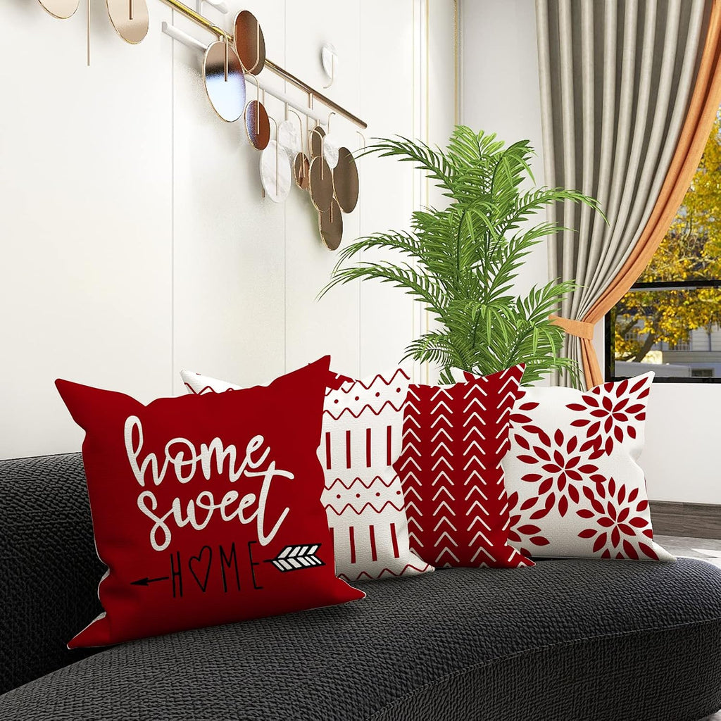 Christmas Red Linen Pillow Covers 18x18, Home Sweet Home Farmhouse Throw Pillow Covers, Holiday Decorative - Set of 4