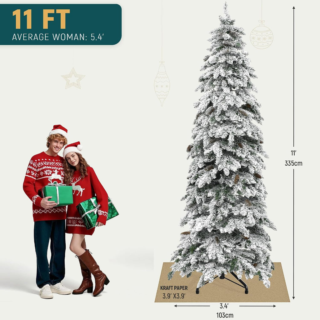 Prelit Flocked Drooping Pencil Christmas Tree with Pine Cone
