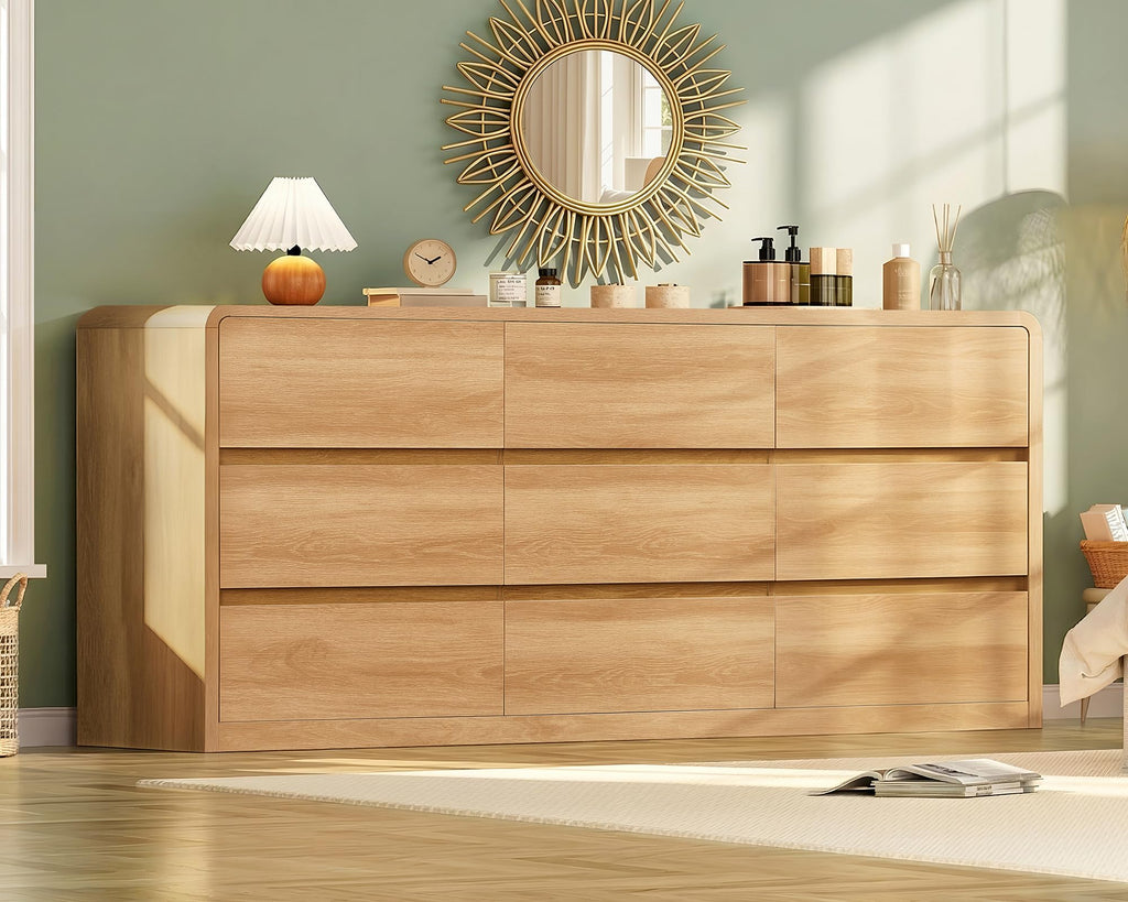 9 Drawer, 63" Wide Dressers & Chest of Drawers with Curved Profile Design, Wood Closet Storage Dressers Organizer