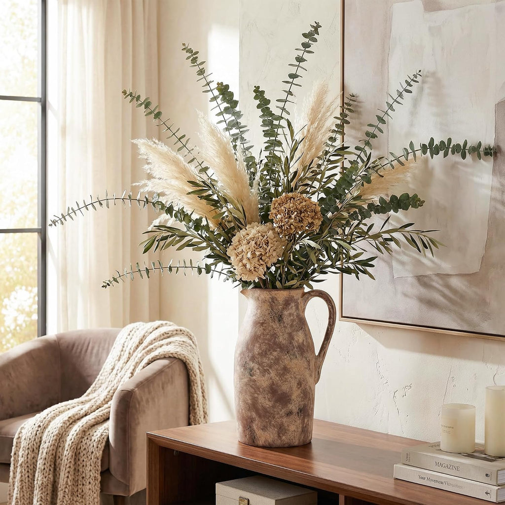 Ceramic Flower Vase with Handles,11" Neutral Tall Clay Terracotta Vases Farmhouse Table Vases with Handle Living Room
