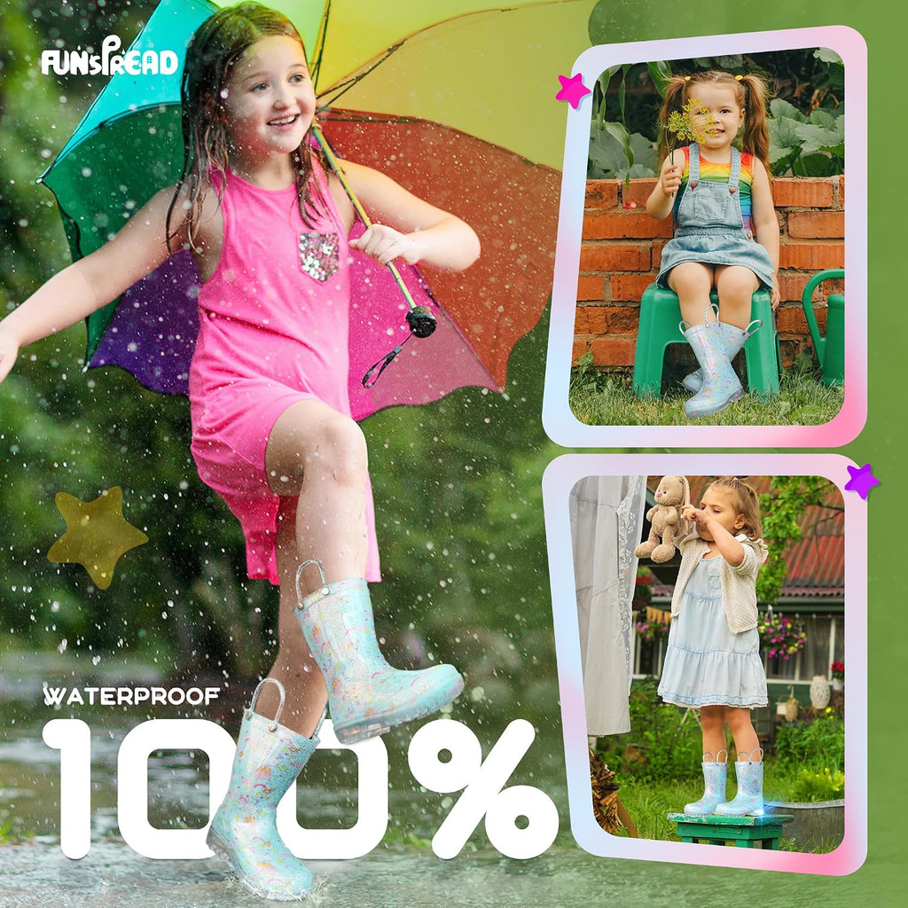Rain Boots for Girls Toddlers - Light Up Kids Rainboots Boots Waterproof Lightweight Rain Shoes with Handles
