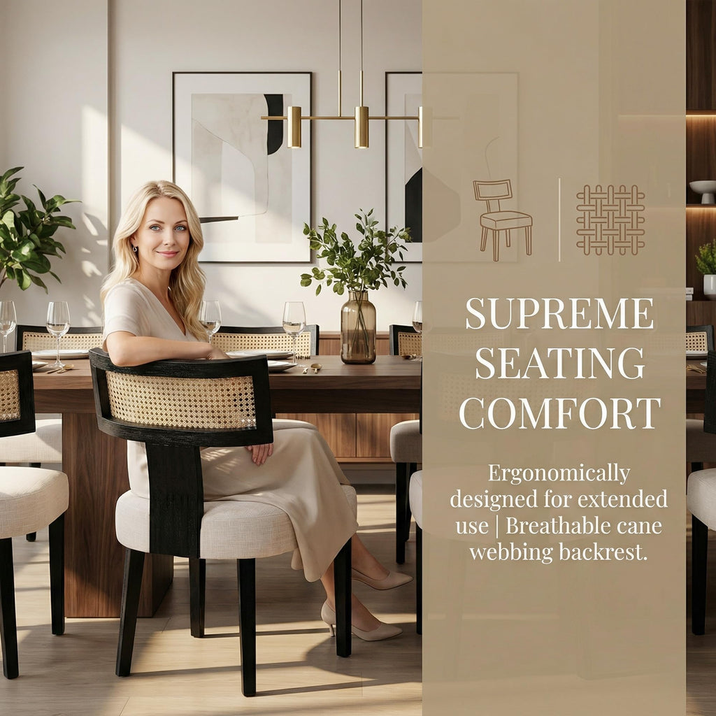 Mid Century Modern Rattan Dining Chairs Set of 4, Upholstered Linen Dining Room Chairs with Cane Back, Black Wood