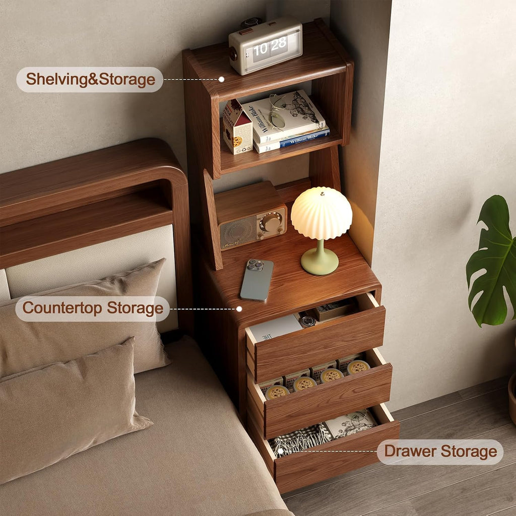 Solid Wood Bookshelf Nightstand Combo, Tall Nightstand with Bookshelf | Walnut Nightstand Bookshelf,Narrow Nightstand