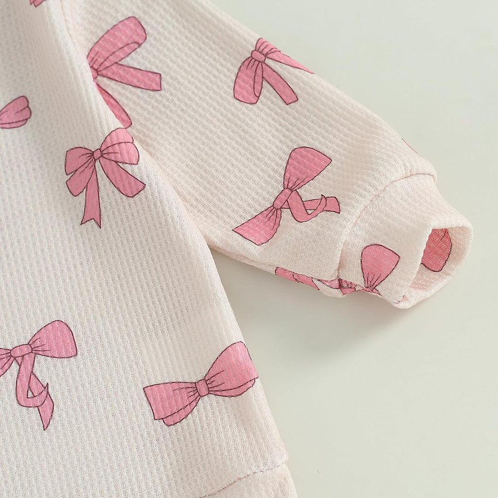 Fall Baby Girl Clothes Ruffle Long Sleeve Bow Print Sweatshirt Top Pants Set 2Pcs Waffle Knit Outfit