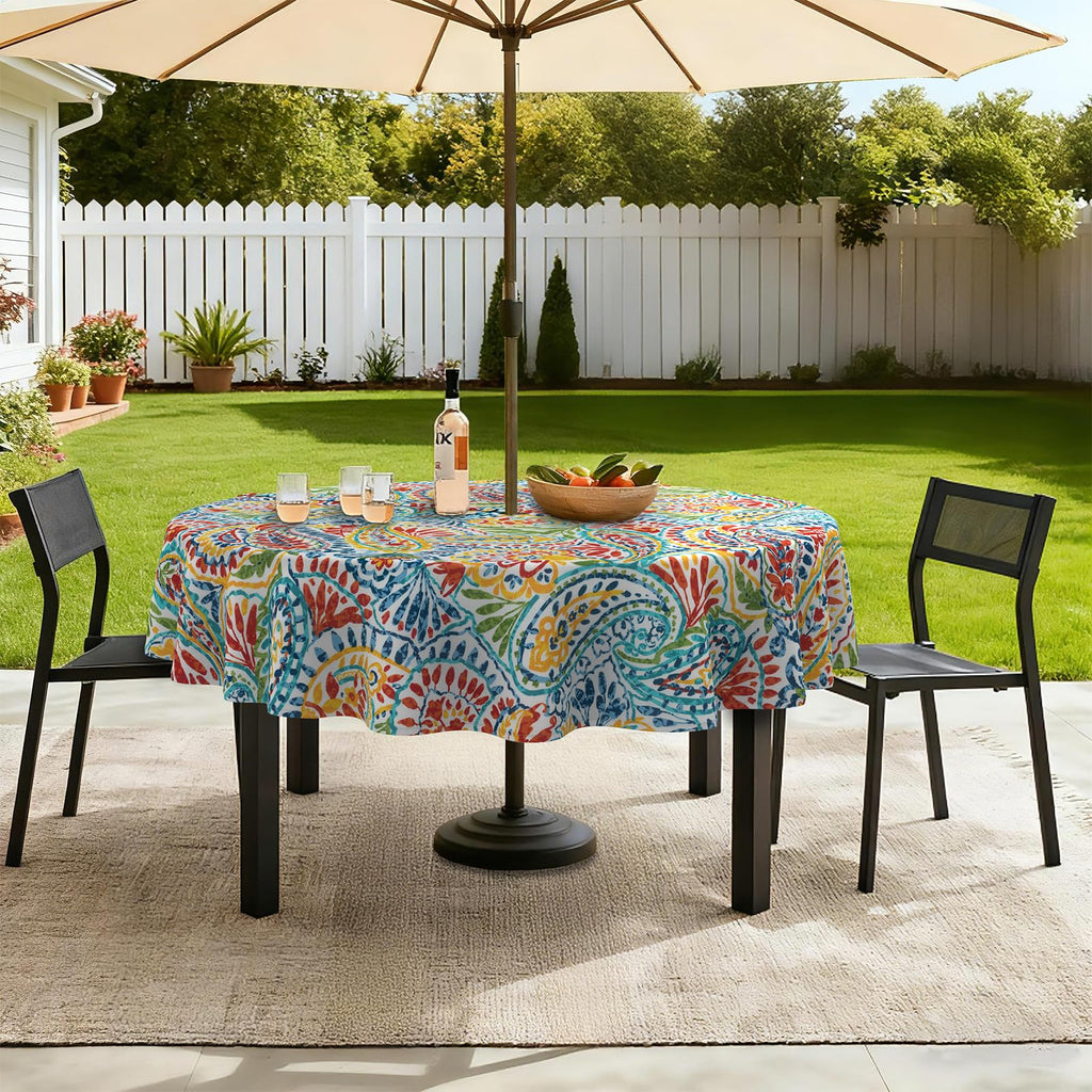 Outdoor/Indoor Round Tablecloth, Patio Stain Resistant Table Covers with Umbrella Hole Picnic Table Cloth with Zipper