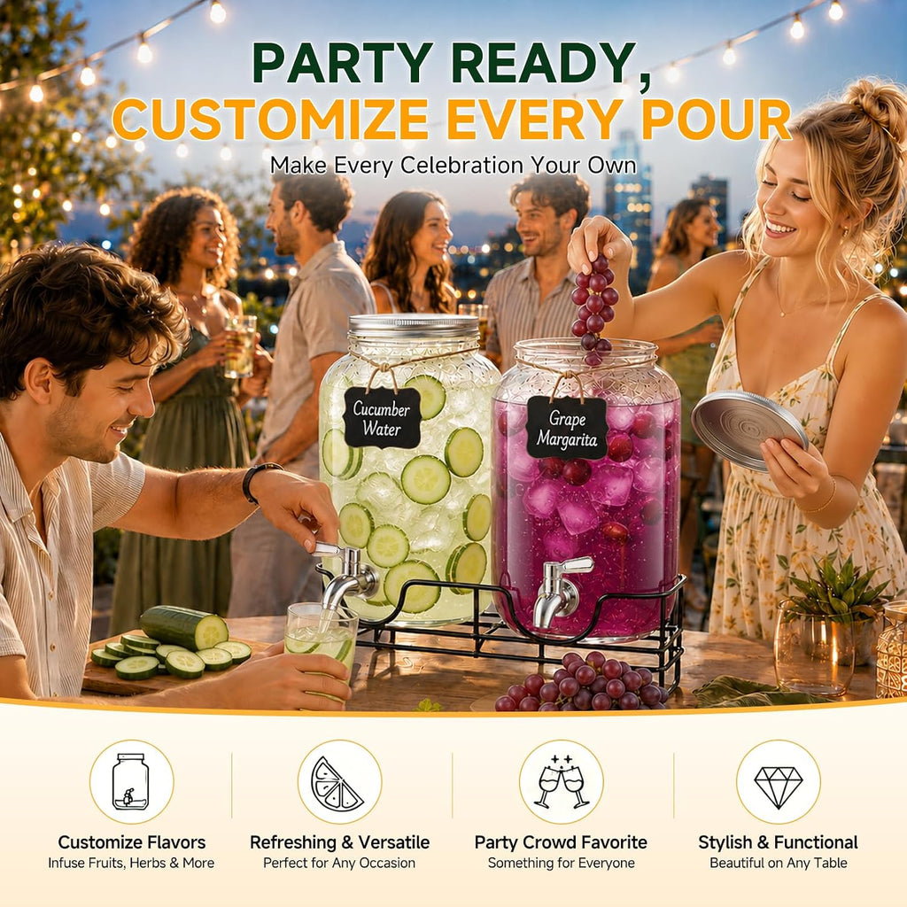Gallon for Parties with Stand & Fruit Infuser,Beverage Dispenser for Lemonade, Water, Juice, Iced Tea & - Set of 2