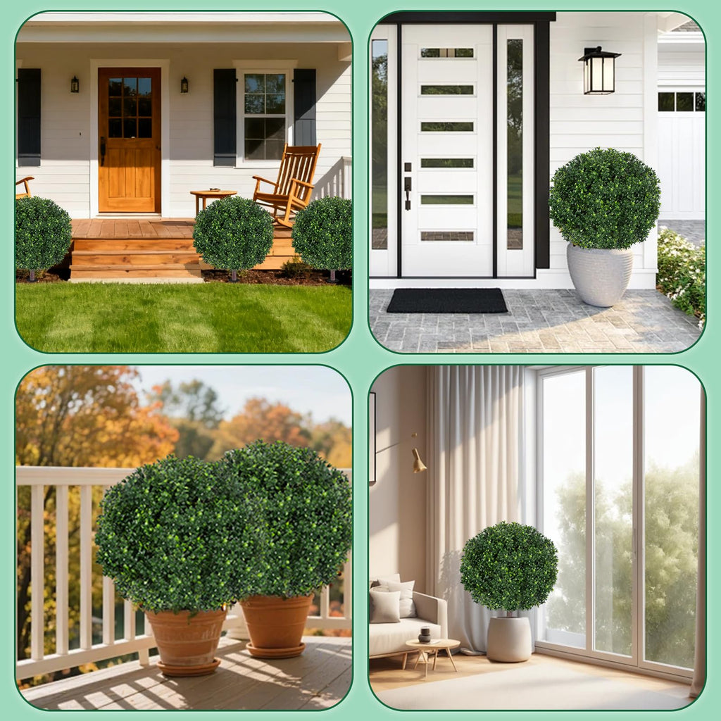 27.5" Artificial Boxwood Topiary Ball Tree, Set of 2 Fake Bushes Shrubs with Ground Spike, UV Resistant Faux
