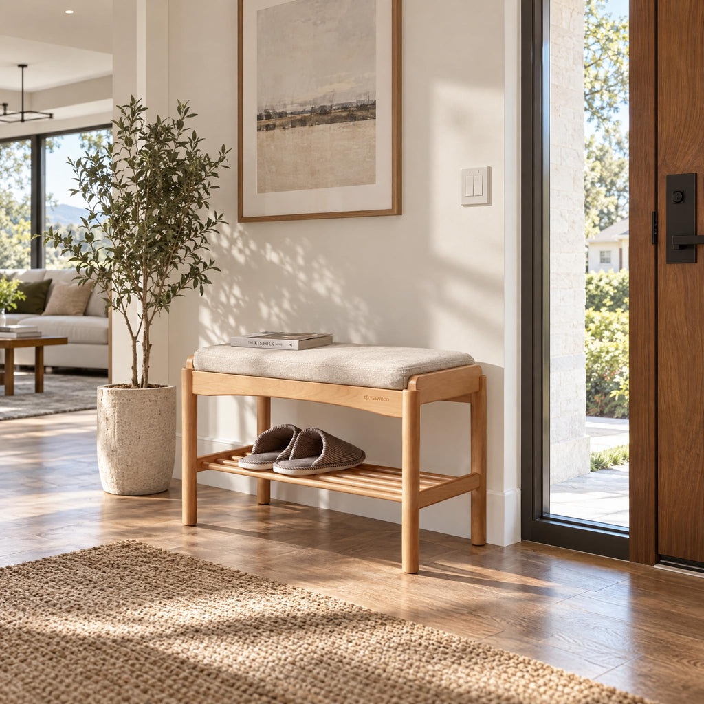 Solid Wood Shoe Bench, Small Entryway Bench with Light Gray Cushion